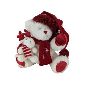 Dandee Teddy Bear & Reindeer Plush 15" White Stuffed Toy Red Christmas Hat Scarf